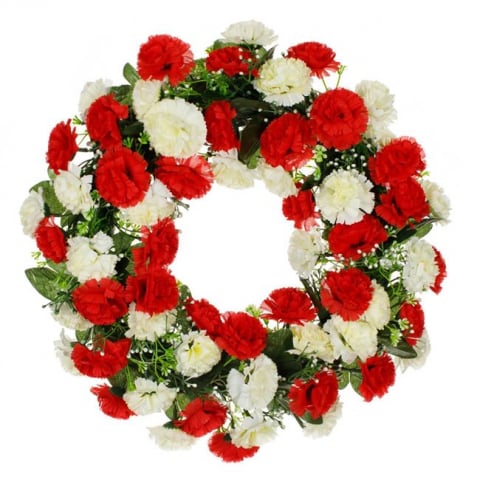 Decoratiuni - Coronita decorativa artificiala cu garoafe albe si rosii,plastic, 36 cm