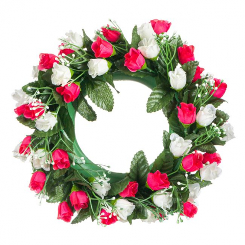 Flori si Plante artificiale - Coronita decorativa artificiala cu trandafir alb-rosu,plastic, 27 cm
