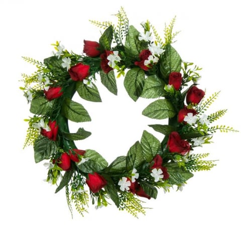 Decoratiuni - Coronita decorativa artificiala cu trandafiri rosii,plastic, 38 cm