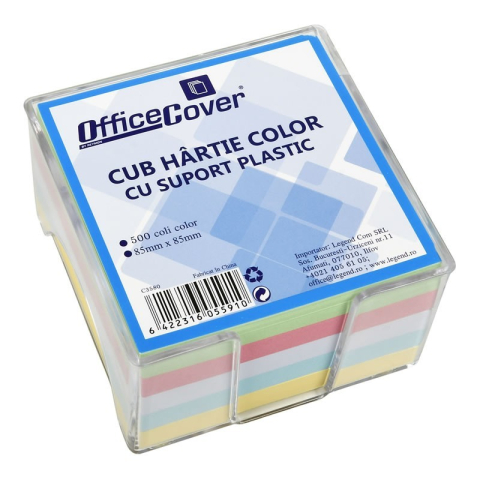 Notesuri adezive - Cub hârtie notes Office Cover, 500 coli, 85 x 85 mm, 5 culori, cu suport plastic transparent