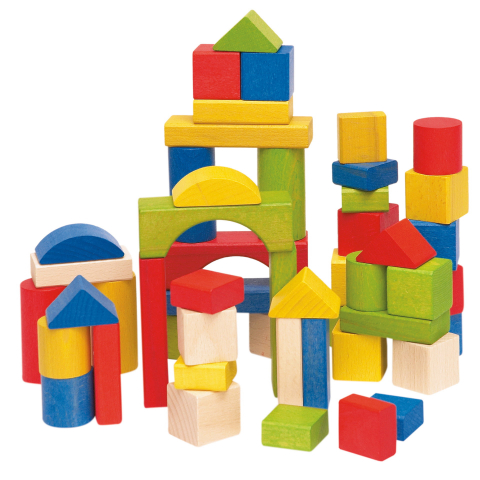 Jucarii pe varste - Cuburi din lemn colorate și naturale, set construcție 50 piese