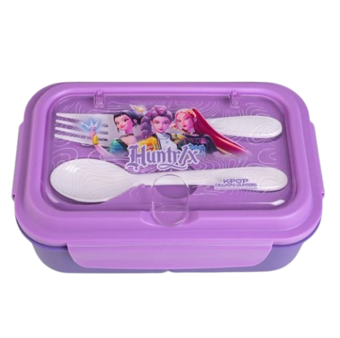 Caserole si cutii alimentare - Cutie alimente K-Pop pentru copii, 3 compartimente, tacamuri incluse, mov