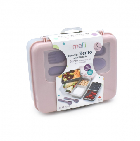 Jocuri si articole copii - CUTIE PRANZ BENTO 2 NIVELE CU TACAMURI MELII ROZ MOV GRI