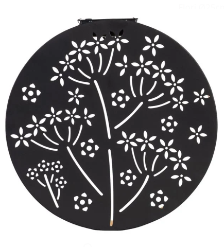 Felinare, stalpi si lampi solare - Decoratiune solara metalica neagra cu model flori pentru exterior,Ø25 cm