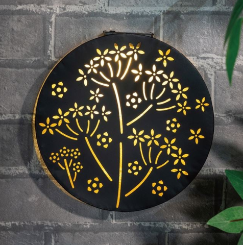 Decoratiune solara metalica neagra cu model flori pentru exterior,Ø25 cm [2]