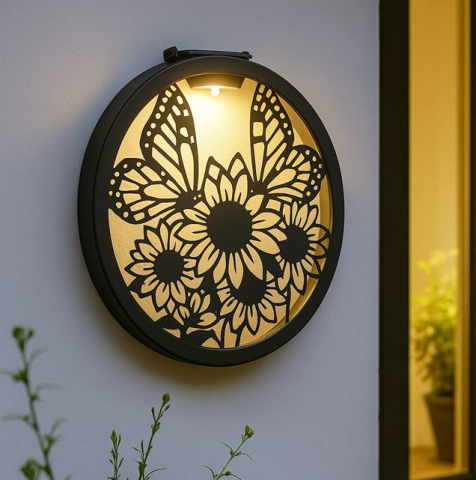Decoratiune solara metalica neagra Floarea-soarelui si fluturi pentru exterior, Ø25.5 cm [1]