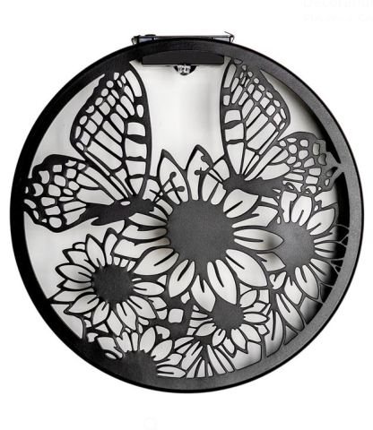 Felinare, stalpi si lampi solare - Decoratiune solara metalica neagra Floarea-soarelui si fluturi pentru exterior, Ø25.5 cm
