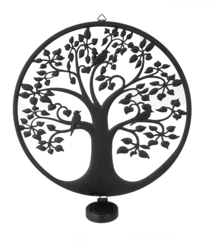 Felinare, stalpi si lampi solare - Decoratiune suspendabila solara metalica neagra Copac cu pasari, Ø40 cm
