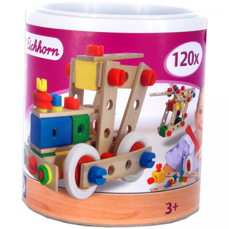 Jocuri si Jucarii Educative - Eichhorn locomotiva 120 piese lemn in galetusa