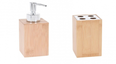 Articole Baie - Set accesorii din bambus pentru baie format din dozator sapun lichid si pahar pentru periute de dinti