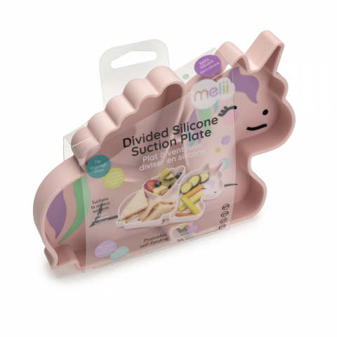 Accesorii hranire bebelusi - Farfurie cu 3 compartimente si ventuza din silicon,model unicorn