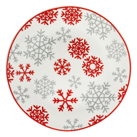 Articole pentru Craciun - Farfurie desert Flugi de nea,rosu-gri,portelan,15 cm