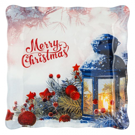 Articole pentru Craciun - Farfurie patrata desert cu margine ondulata Merry Christmas