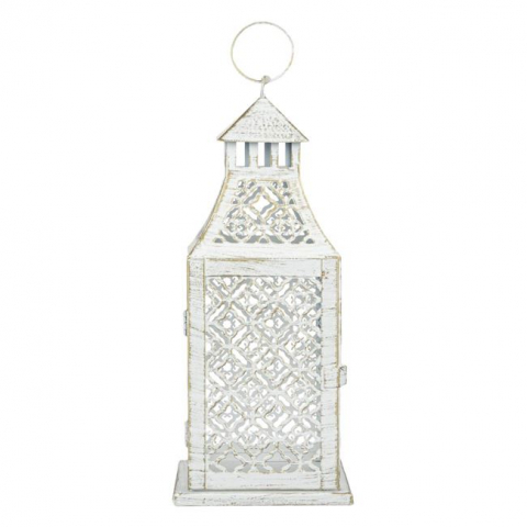 Felinar cu model perforat decorativ cu maner si usa ,metal,alb,12x12x29 cm [1]