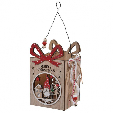 Casa si gradina - Felinar decorativ cu maner si fundita pentru Craciun,lemn,10.5x10.5x17 cm