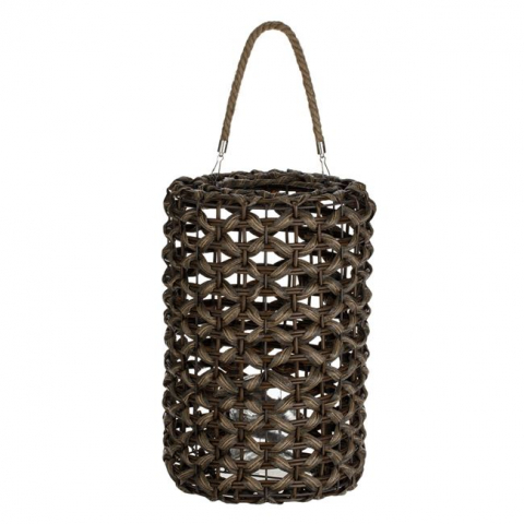 Felinare, stalpi si lampi solare - Felinar decorativ din ratan cu maner din funie, model impletit, maro, 28x41 cm