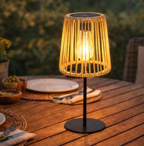 Felinare, stalpi si lampi solare - Felinar solar de masa cu bec, rattan si baza metalica, Ø14x31 cm