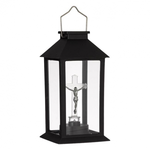 Felinare, stalpi si lampi solare - Felinar solar decorativ cu maner si cruce led,negru,14x14x28  cm