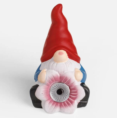Felinare, stalpi si lampi solare - Figurina ceramica solara pitic cu floare, 9x10x17 cm