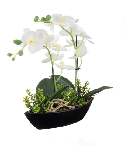 Floare decorativa artificiala Orhidee alba in ghiveci tip barca, plastic,27x9x30cm [1]