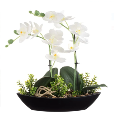 Flori si Plante artificiale - Floare decorativa artificiala Orhidee alba in ghiveci tip barca, plastic,27x9x30cm