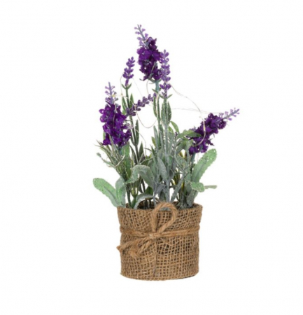 Decoratiuni - Flori de lavanda artificiale  cu 25 leduri in ghiveci acoperit cu panza de iuta