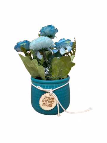 Decoratiuni - Floricele albastre artificiale in ghiveci verde albastrui din plastic, 8x21 cm