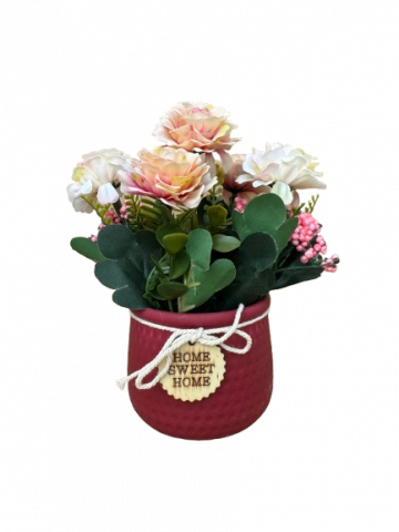 Decoratiuni - Floricele ivory artificiale in ghiveci visiniu din plastic, 8x21 cm