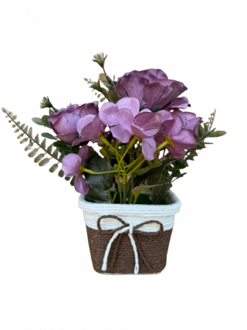 Decoratiuni - Floricele mov artificiale in ghiveci maro din plastic, 10x10x21 cm