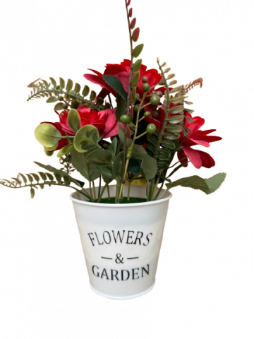 Decoratiuni - Floricele rosii artificiale in ghiveci alb din plastic, 11x25 cm