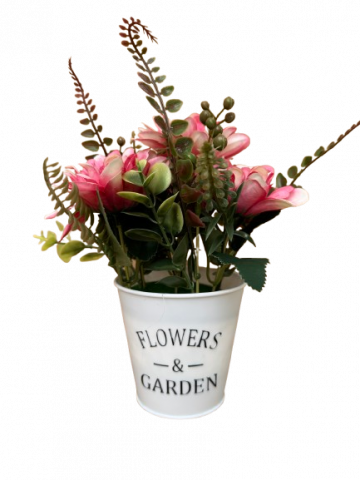 Decoratiuni - Floricele roz artificiale in ghiveci alb din plastic, 11x25 cm