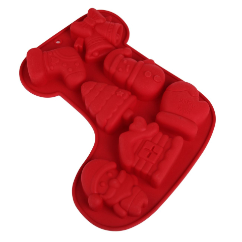 Forme Silicon pentru prăjituri,brioșe și jeleuri - Forma de copt din silicon Cizmulita, 7 compartimente modele de Craciun, 21x2.5x22 cm, diverse culori