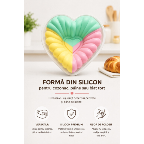 Articole Bucatarie - Forma din silicon pentru cozonac, paine si blat tort, BPA Free, model inima, 28x26x7 cm,diverse culori