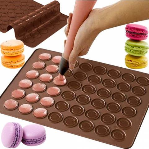 Forme Silicon pentru prăjituri,brioșe și jeleuri - Forma din silicon pentru macarons, 2 dimensiuni, 48 orificii, 38,5 x 28,5 x 0,3 cm, maro