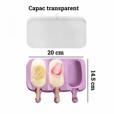 Forma pentru inghetata pe bat, 3 compartimente cu capac, 50 bete din lemn, silicon, diverse culori, 20 x 14.5 [5]