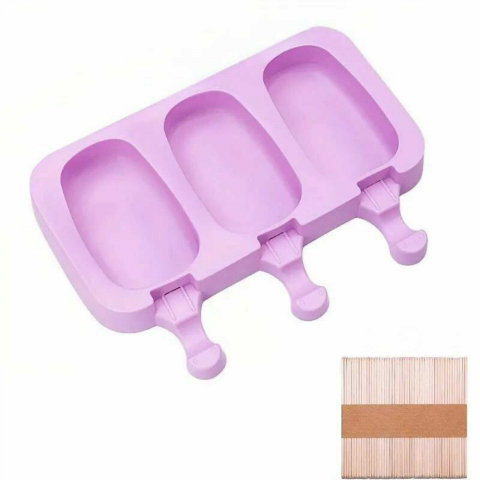 Forme Silicon pentru prăjituri,brioșe și jeleuri - Forma pentru inghetata pe bat, 3 compartimente cu capac, 50 bete din lemn, silicon, diverse culori, 20 x 14.5