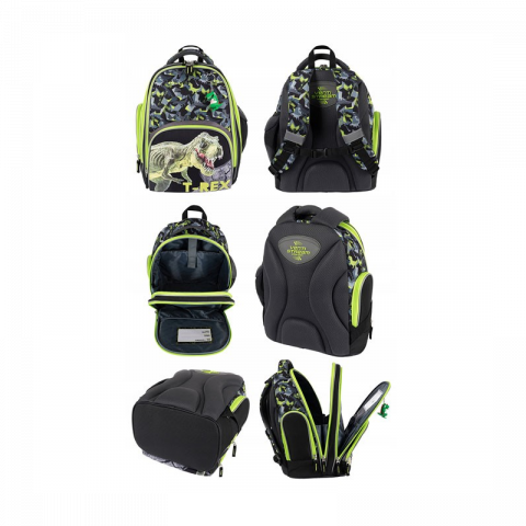 Ghiozdan Bambino TRex pentru scoala, 2 compartimente, 2 buzunare, negru cu verde, 31x20x37 cm [2]