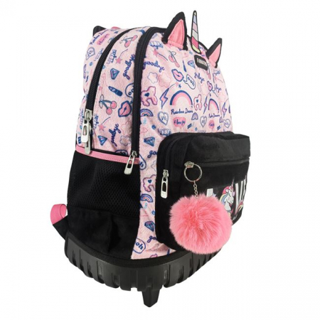 Ghiozdan cu Urechi unicorn si pompon tip troller pentru scoala cu 3 compartimente [1]
