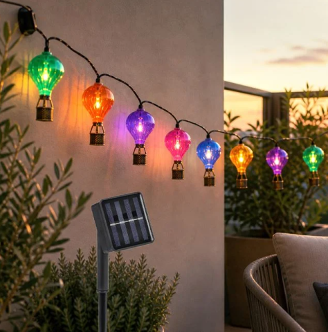 Felinare, stalpi si lampi solare - Ghirlanda solara cu lumini balon cu aer cald, 3.8 m, 10 buc/set, lumina alb cald