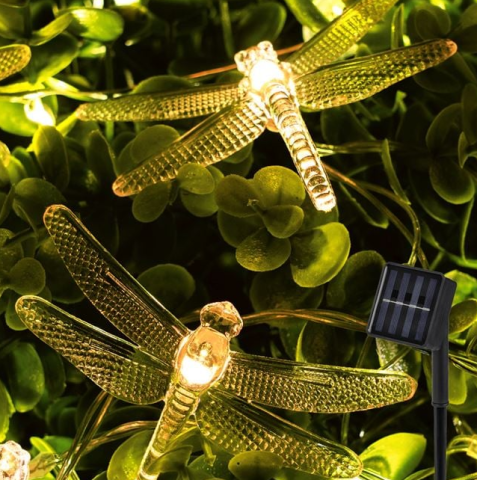 Felinare, stalpi si lampi solare - Ghirlanda solara exterior cu 15 libelule, lumina alb cald, 2.6 m