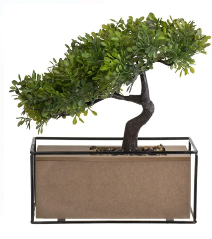 Flori si Plante artificiale - Ghiveci cu planta artificiala Bonsai si baza din lemn, 21x11x28 cm