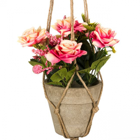 Ghiveci de agatat cu funie si flori de trandafiri [1]
