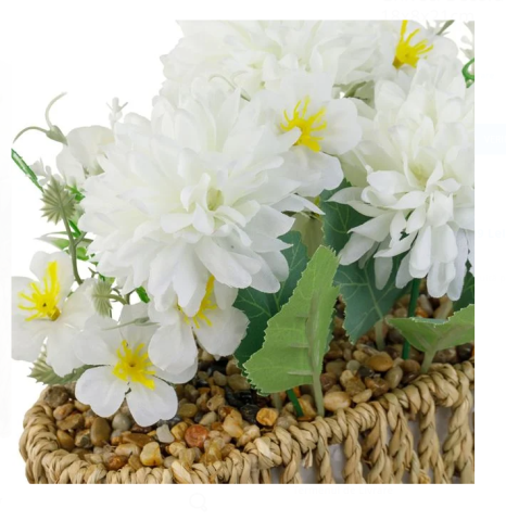 Ghiveci decorativ din rafie cu flori albe artificiale,18x8x21 cm [2]