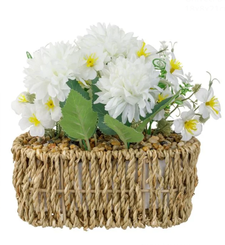 Flori si Plante artificiale - Ghiveci decorativ din rafie cu flori albe artificiale,18x8x21 cm