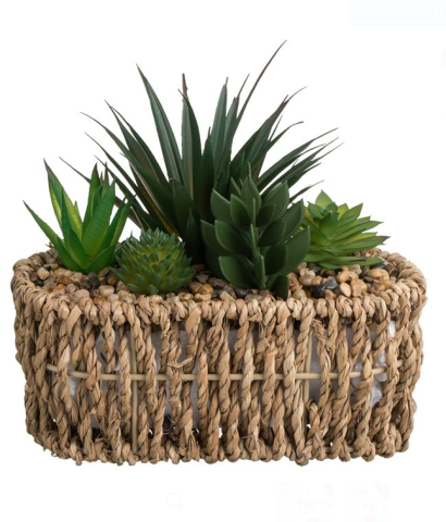 Flori si Plante artificiale - Ghiveci decorativ din rafie cu plante artificiale suculente, 19x8x17 cm