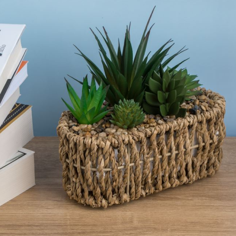Ghiveci decorativ din rafie cu plante artificiale suculente, 19x8x17 cm [2]