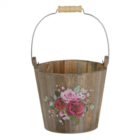 Decoratiuni - Ghiveci lemn vintage galetusa cu imprimeu trandafiri,18x15 cm
