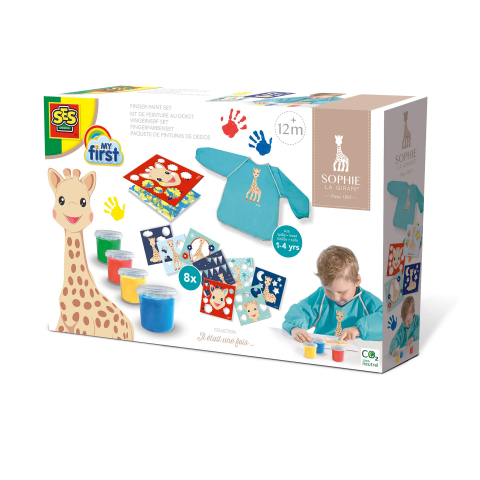 Seturi pictura cu degetele Baby Finger - Girafa Sophie – Set acuarele pentru degete cu planșe și șorț, 12 luni+