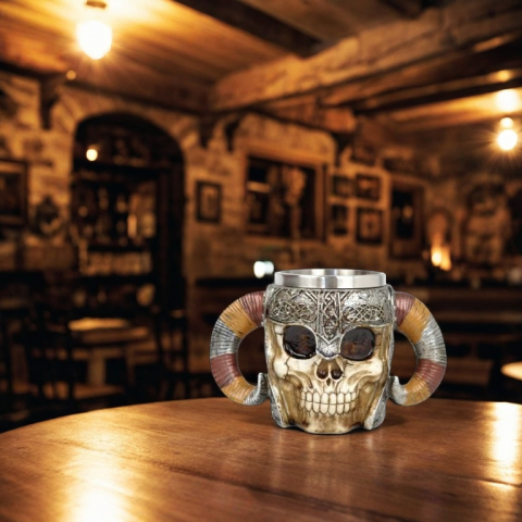 Halba de bere model medieval craniu viking, inox si rasina ,400 ml [4]