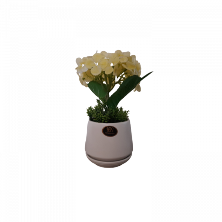 Decoratiuni - Hortensie galbena artificiala decorativa in ghiveci ceramic